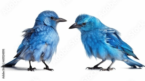 Two blue birds sitting on a white background