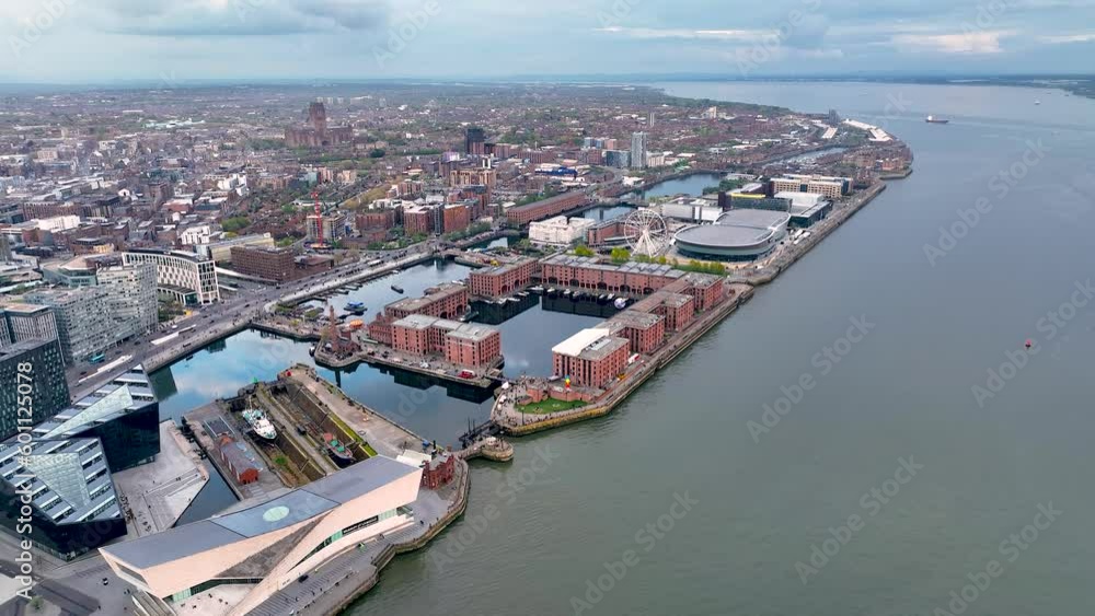 Aerial view of a Liverpool Waterfront, a lively cultural hub on the River Mersey, England, UK Aerial view of a Liverpool Waterfront, a lively cultural hub on the River Mersey, England, UK
