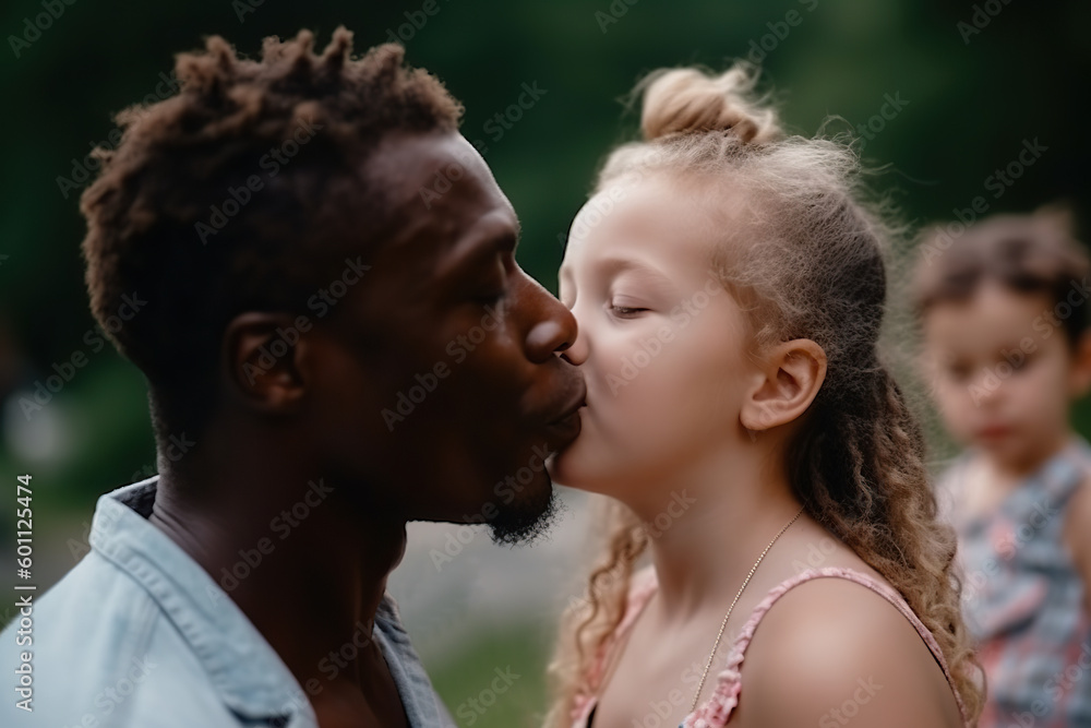 multiethnic man giving a kiss on the cheek to a little girl. Generative AI - obrazy, fototapety, plakaty 