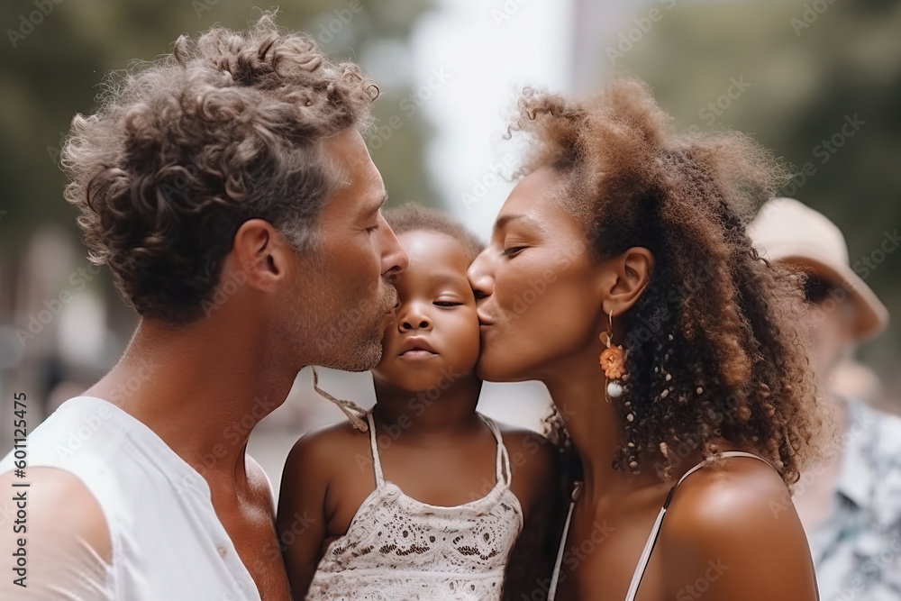 multiethnic couple kissing their child created with Generative AI multiethnic couple kissing their child created with Generative AI
