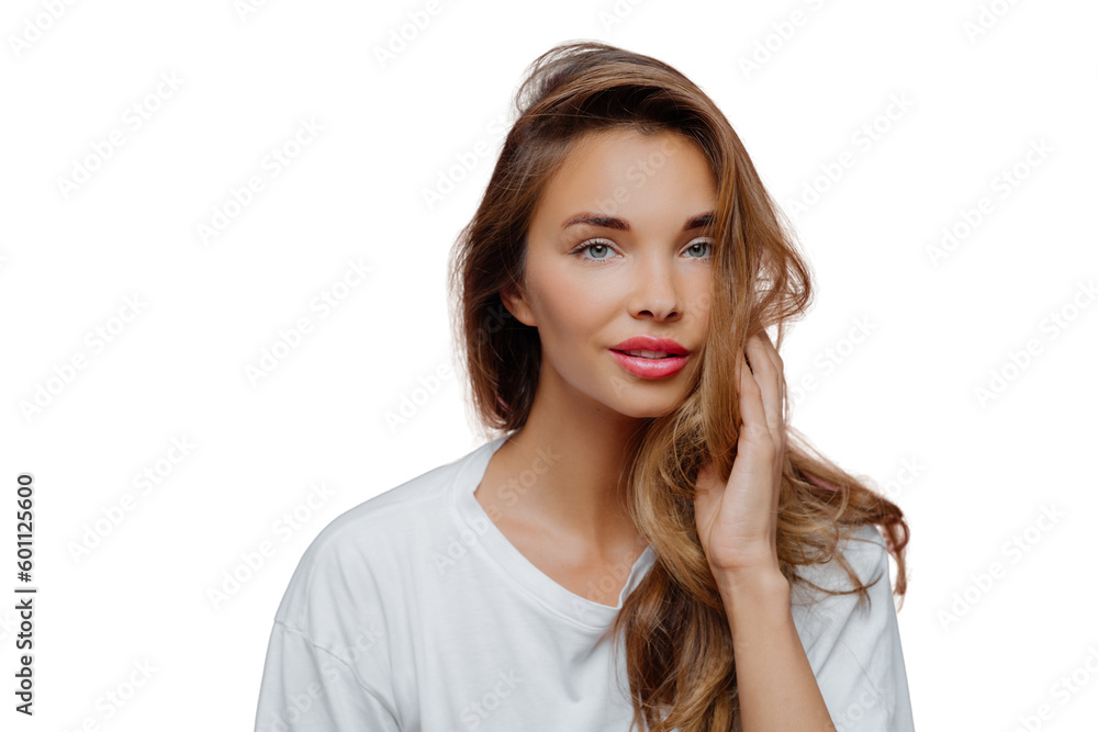 Relaxed Caucasian woman in white jumper with blue eyes, long hair & minimal makeup. Studio portrait, direct gaze Relaxed Caucasian woman in white jumper with blue eyes, long hair & minimal makeup. Studio portrait, direct gaze