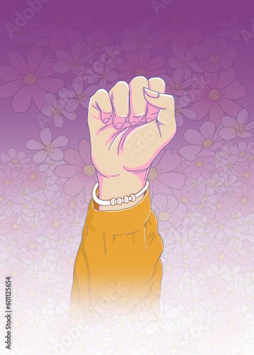 woman's hand on a purple flower background, color illustration