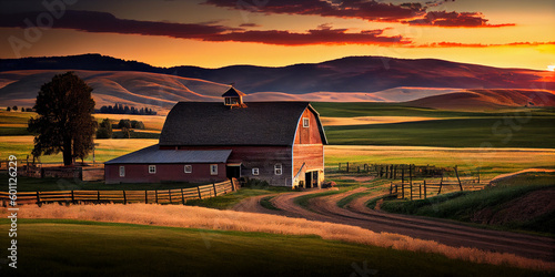 Landscape of a house in green fields, sunset, generative ai