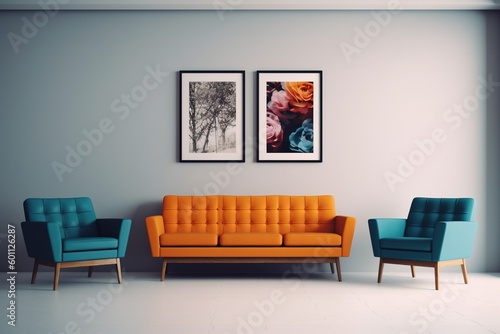 minimal design apartment, a wall with two or three picture frames, a modern living room, colorful furniture © JetHuynh