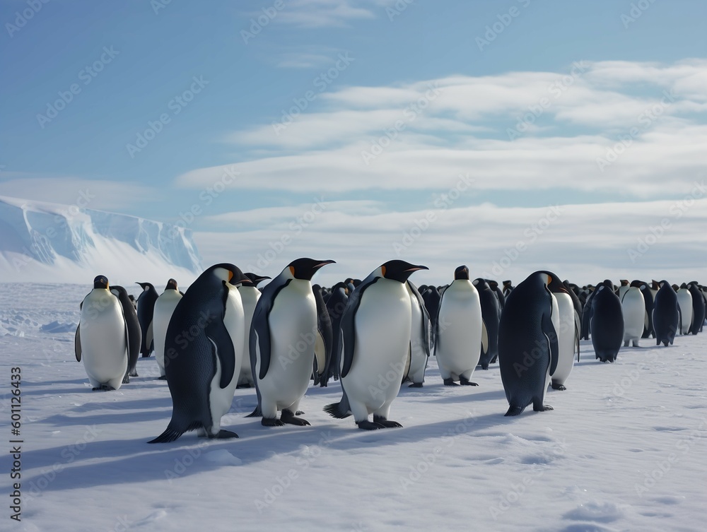 Fototapeta premium Penguin Parade: A Waddling Journey Across the Antarctic Ice