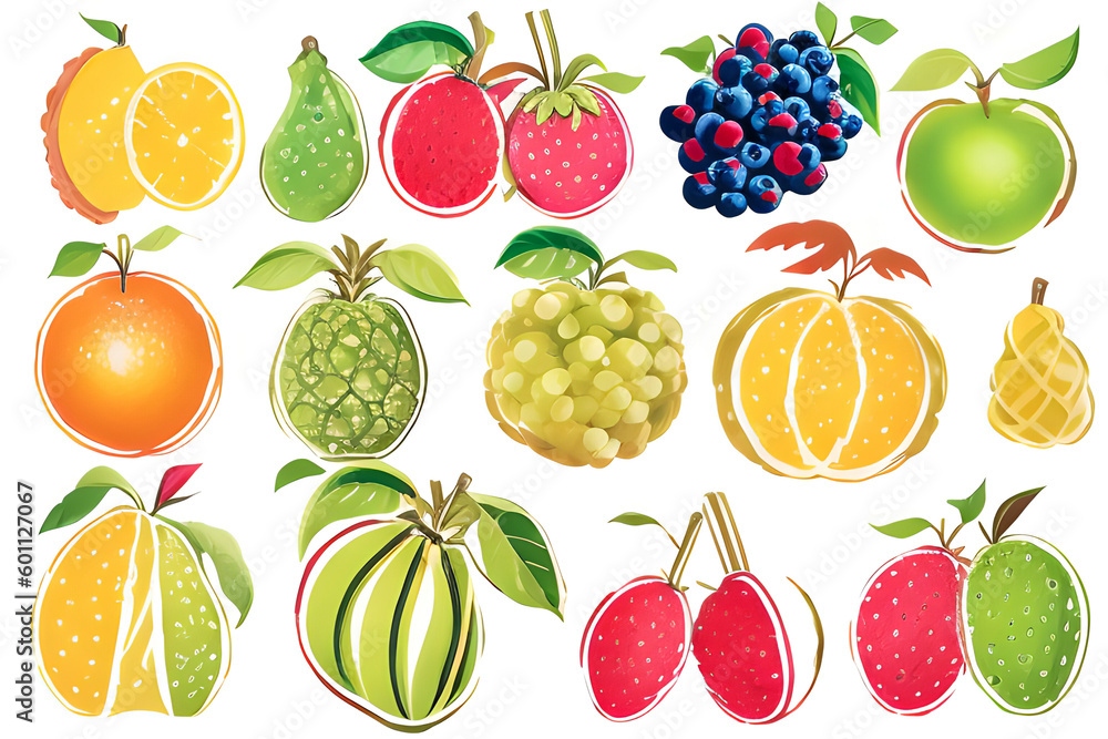 A set of exotic fruits and berries (orange, apple, pear, strawberry, grape) with green
leaves isolated on a white background.
Generative AI. A set of exotic fruits and berries (orange, apple, pear, strawberry, grape) with green
leaves isolated on a white background.
Generative AI.