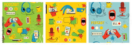 Podcast seamless patterns. Backgrounds for blogging, vlogging and live streaming. Hand-drawn print with podcast elements, headphones, speech bubbles, microphone.