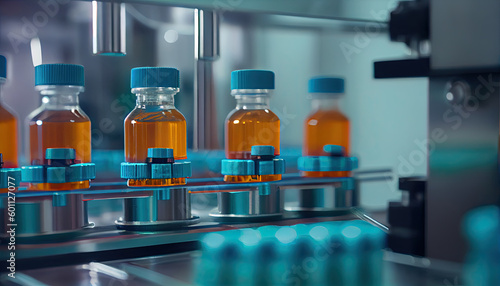 Bottling plant - Water, oil, medicines bottling line for processing and bottling into bottles. Selective focus. Generative AI