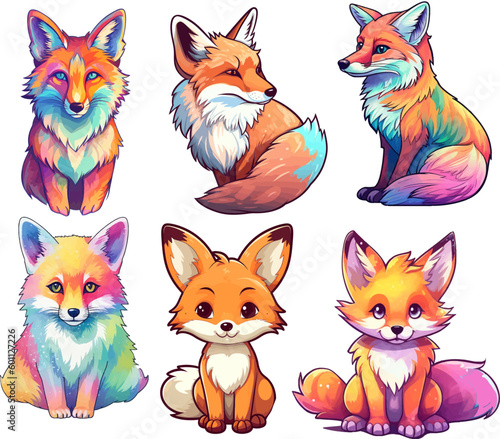 Set of cute colorful fox illustration stickers vector isolated animal