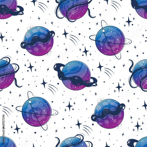 Seamless pattern with space sky and planets