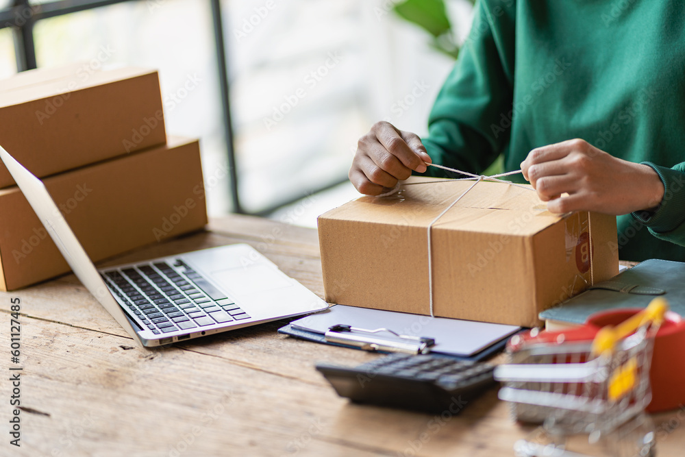 Start a small businessSME ownersEntrepreneurs work boxes and check online orders with laptops to prepare, pack, sell, sell to customers, SME business ideas. 