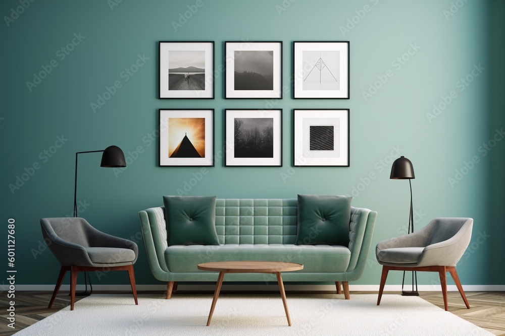 minimal design apartment, a wall with 4-5-6 and more picture frames, a modern living room, colorful furniture minimal design apartment, a wall with 4-5-6 and more picture frames, a modern living room, colorful furniture