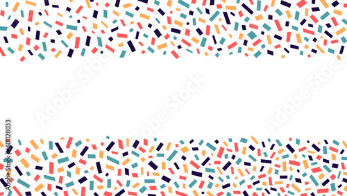 Cute background with colorful confetti. Party doodles vector border. Abstract hand drawn childish shapes on white backdrop with copy space. Festive banner design with colorful sprinkles. Memphis style