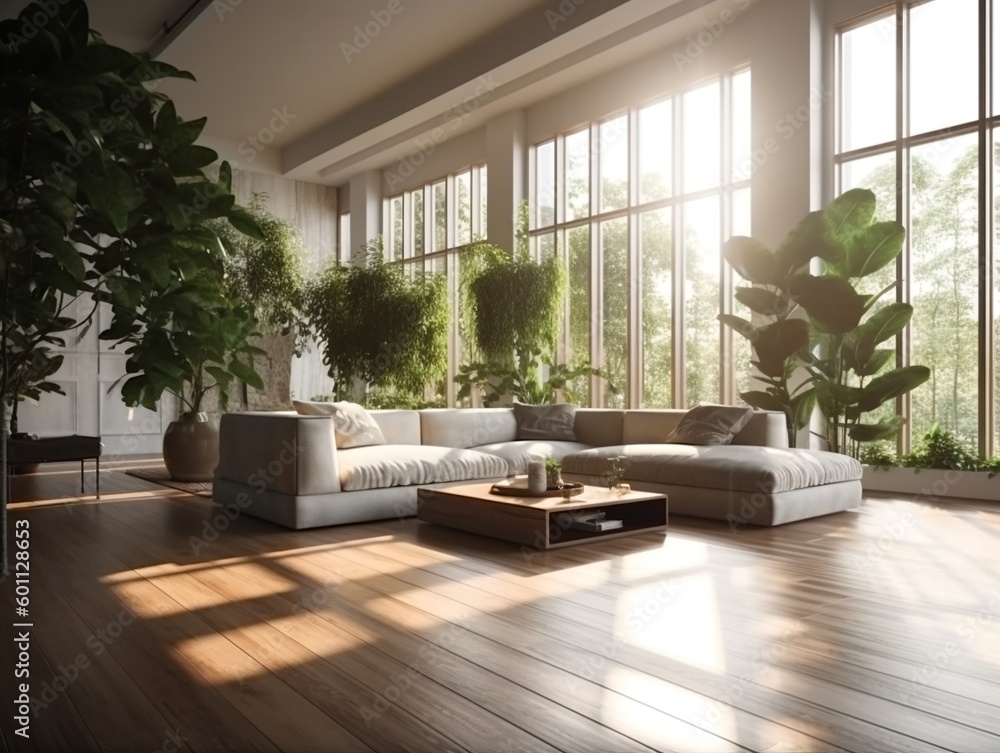 Fototapeta premium Spacious moderl living room interior, generative ai image