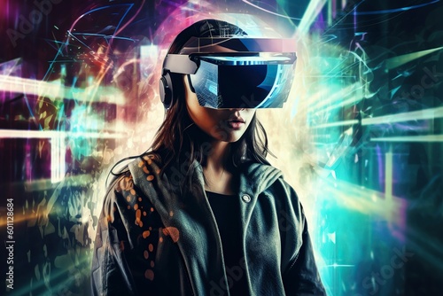 illustration, a woman wearing virtual reality glasses, high technology, ai generative