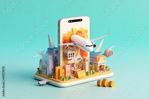 Illustration of a smartphone with airplane wings and a world map. Representing travel and adventure. Generative AI © AI Farm