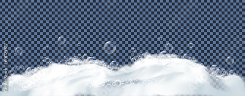 Bath foam or beer foam with bubblies isolated on transparent background. White soap froth texture with bubbles. Vector