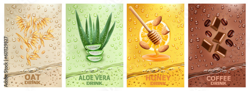 A set of labels with drinks from fruits and different foods. Fresh fruit juice splashes together - oats, aloe vera, honey, almond, orange, coffee in a drink. Vector illustration