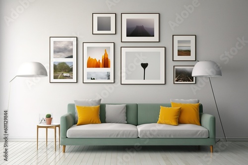 minimal design apartment  a wall with many picture frames  a modern living room  colorful furniture