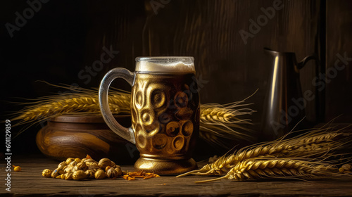 Beer glass and wheat spice on an old rustic on wood table. Ai generated