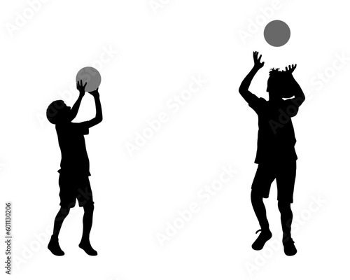 Happy brothers playing volleyball silhouettes