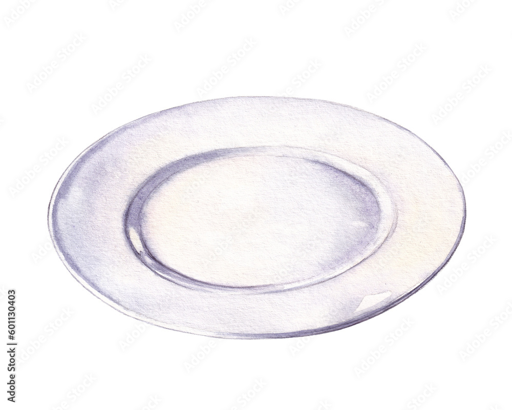 Watercolor illustration of white empty plate Watercolor illustration of white empty plate