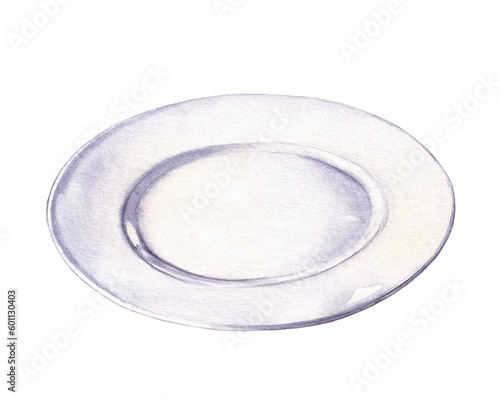 Watercolor illustration of white empty plate 