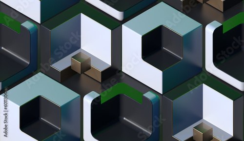 Generative AI with 3d 4K UHD abstract background illustration of symmetrical boxes and cube shapes with blue and green gray layers photo