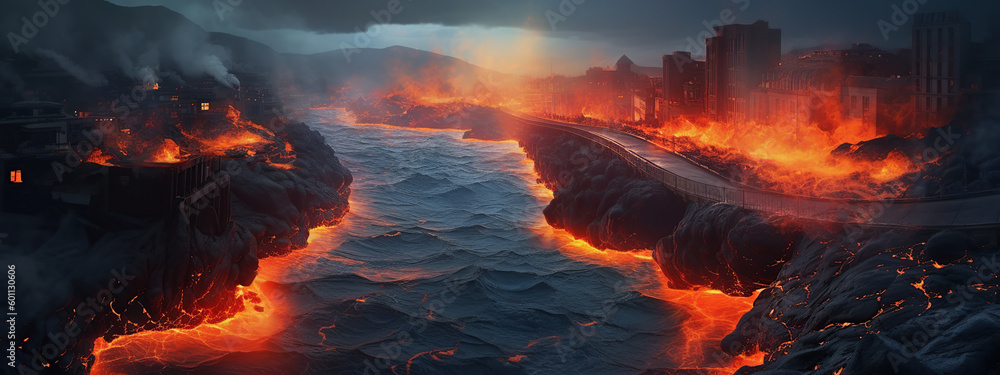 lava, magma, water, waterfall, fire, nature, sky, landscape, sunset, river, night, red, flame, blue, bonfire, rocks, cascade, sea, sun, light, hot, cloud, orange, heat, lake, campfire, , generative ai