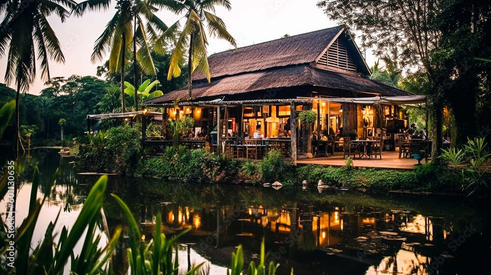 Nestled in the heart of rural Thailand, amidst the lush greenery of the forest and the sway of the trees, lies a charming little coffee shop that is as serene as it is unpretentious, Generative AI