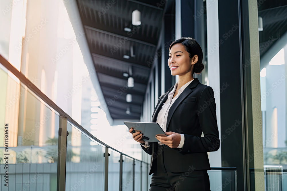 Generative AI illustration of young Asian female entrepreneur wearing business suit and standing in front of modern glass building holding tablet and smiling confidently Generative AI illustration of young Asian female entrepreneur wearing business suit and standing in front of modern glass building holding tablet and smiling confidently