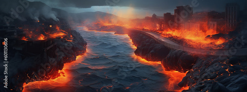 lava, magma, water, waterfall, fire, nature, sky, landscape, sunset, river, night, red, flame, blue, bonfire, rocks, cascade, sea, sun, light, hot, cloud, orange, heat, lake, campfire, , generative ai