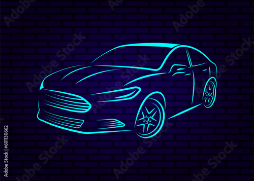 Vector illustration of a neon car on a blue brick wall