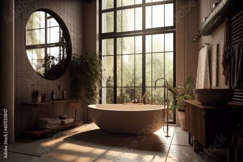 Create a serene and calming atmosphere in your bathroom with a sleek freestanding bathtub and bright natural light. AI Generative.