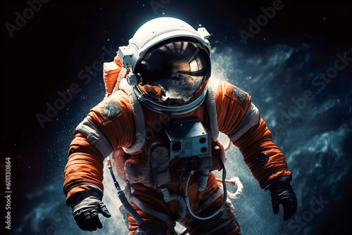 Generative AI illustration of unrecognizable person in shiny space suit in cosmos against glowing stars in darkness photo
