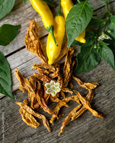 Dried Yellow Habanero peppers with fresh spices and green leaves on gray wooden surface. Hot Yellow Peruvian pepper. Spices, condiments. Gray wooden background. Top view. Copy space. Soft focus.  photo