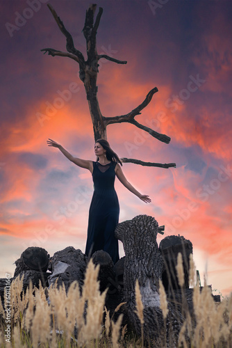 Young woman in front of an old tree in the sunset