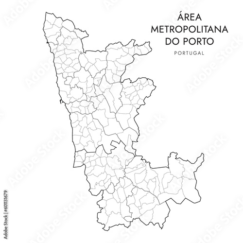 Vector Map of Porto Metropolitan Area (Área Metropolitana do Porto) with administrative borders of Districts, Municipalities (Concelhos) and Civil Parishes (Freguesias) as of 2023 - Portugal