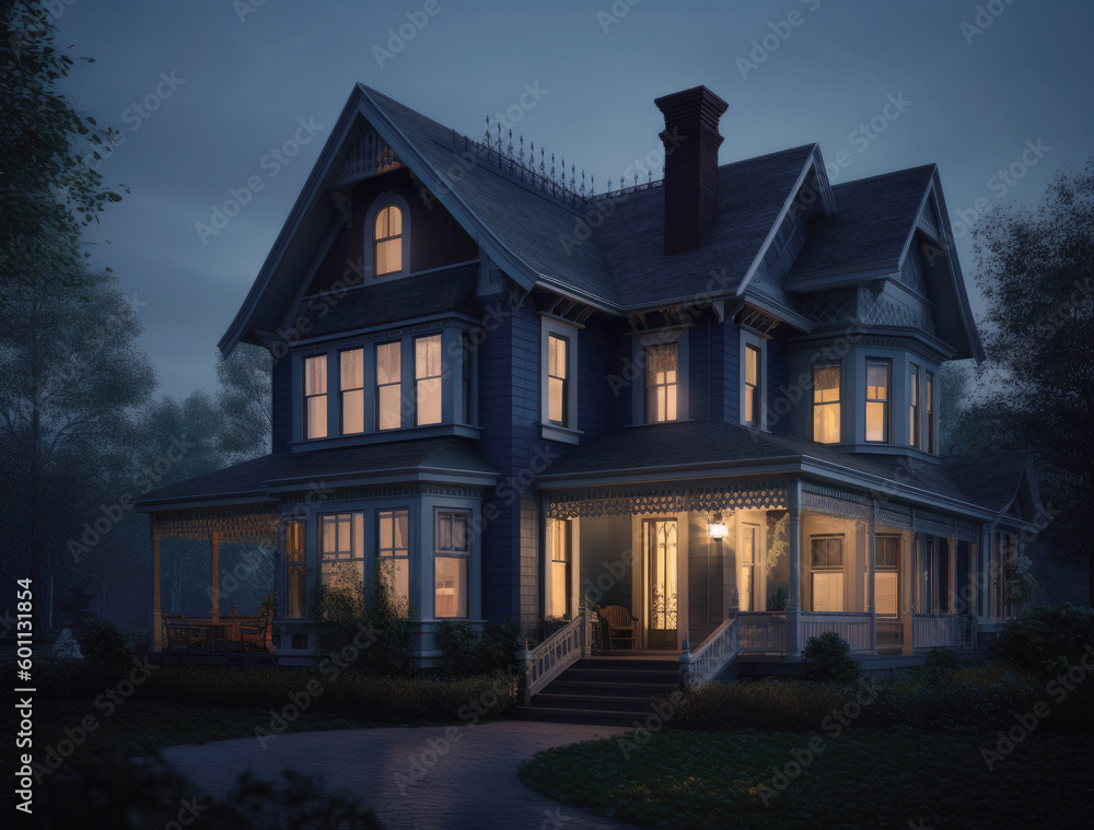 Generative AI illustration of well lighted exterior of residential storey building with windows and balconies located on green lawn with trees against blue night sky in countryside Generative AI illustration of well lighted exterior of residential storey building with windows and balconies located on green lawn with trees against blue night sky in countryside