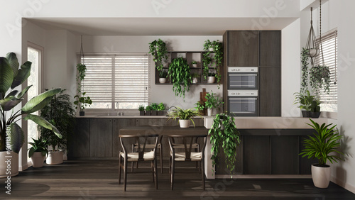 Urban jungle interior design, dark wooden kitchen in white and beige tones with many houseplants. Island with chairs and appliances. Biophilic concept idea