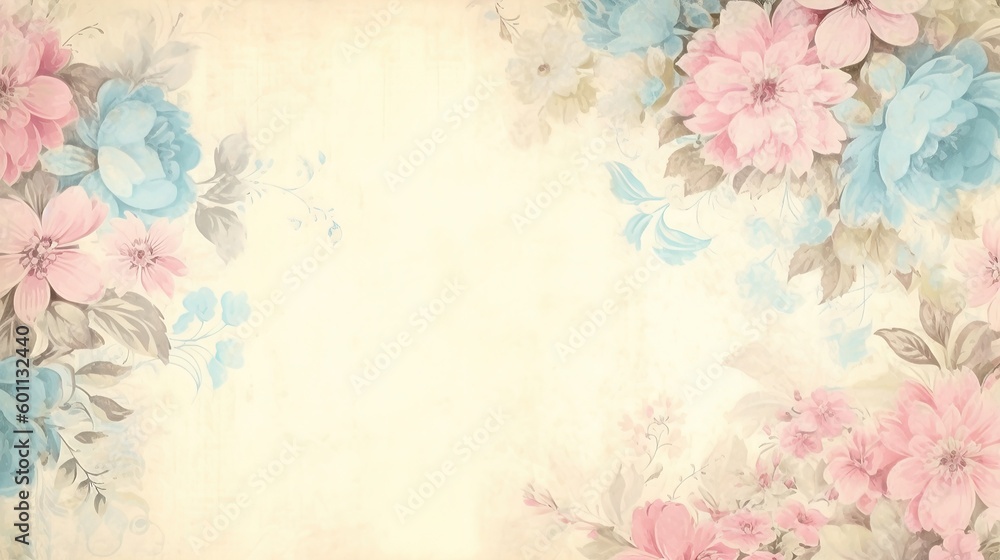 Obraz premium A blank parchment page with a shabby chic border of pastel pink and blue flowers .generative ai