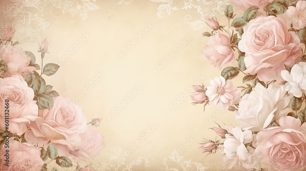 A blank parchment page with a shabby chic border of pink and white ...