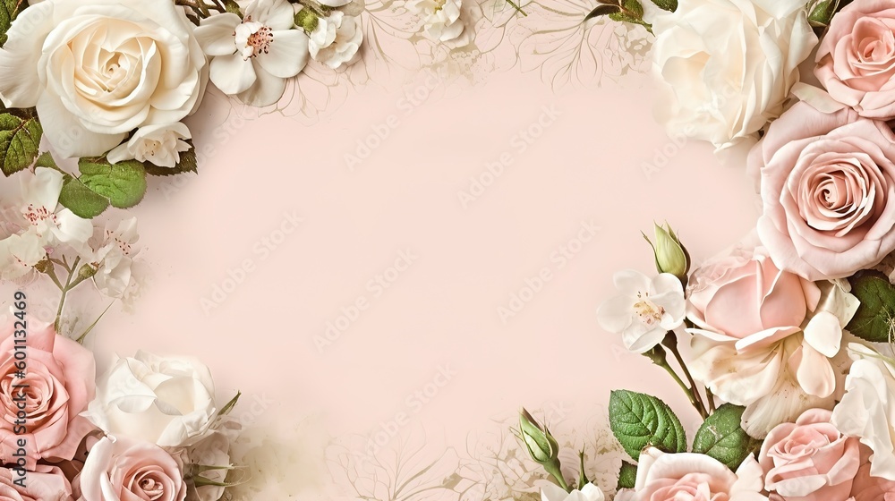 A blank parchment page with a shabby chic border of pink and white roses .generative ai A blank parchment page with a shabby chic border of pink and white roses .generative ai