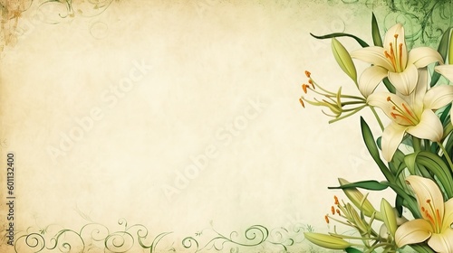 A blank parchment page with a shabby chic border of green and yellow lilies .generative ai