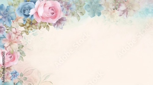 A blank parchment page with a shabby chic border of pastel pink and blue flowers .generative ai