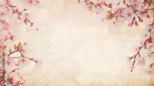 A blank parchment page with a shabby chic border of pink and white cherry blossoms .generative ai