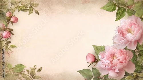 A blank parchment page with a shabby chic border of pink peonies and green leaves .generative ai