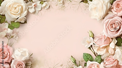 A blank parchment page with a shabby chic border of pink and white roses .generative ai © Clint