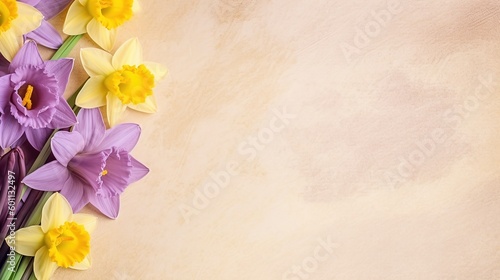 A blank parchment page with a shabby chic border of purple and yellow daffodils .generative ai