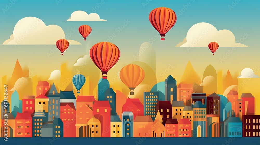 A hot air balloon floating over a city skyline at sunset. paper - cut art, paper illustrations .generative ai